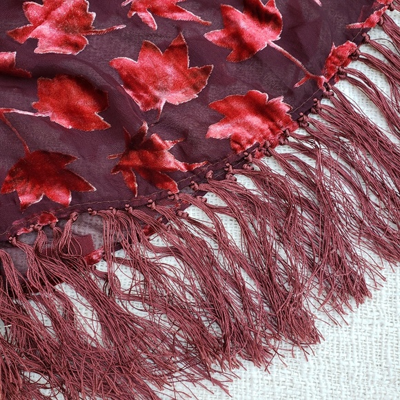 Vintage Burnout Velvet Fringe Tassel Leaf Scarf - Picture 4 of 5
